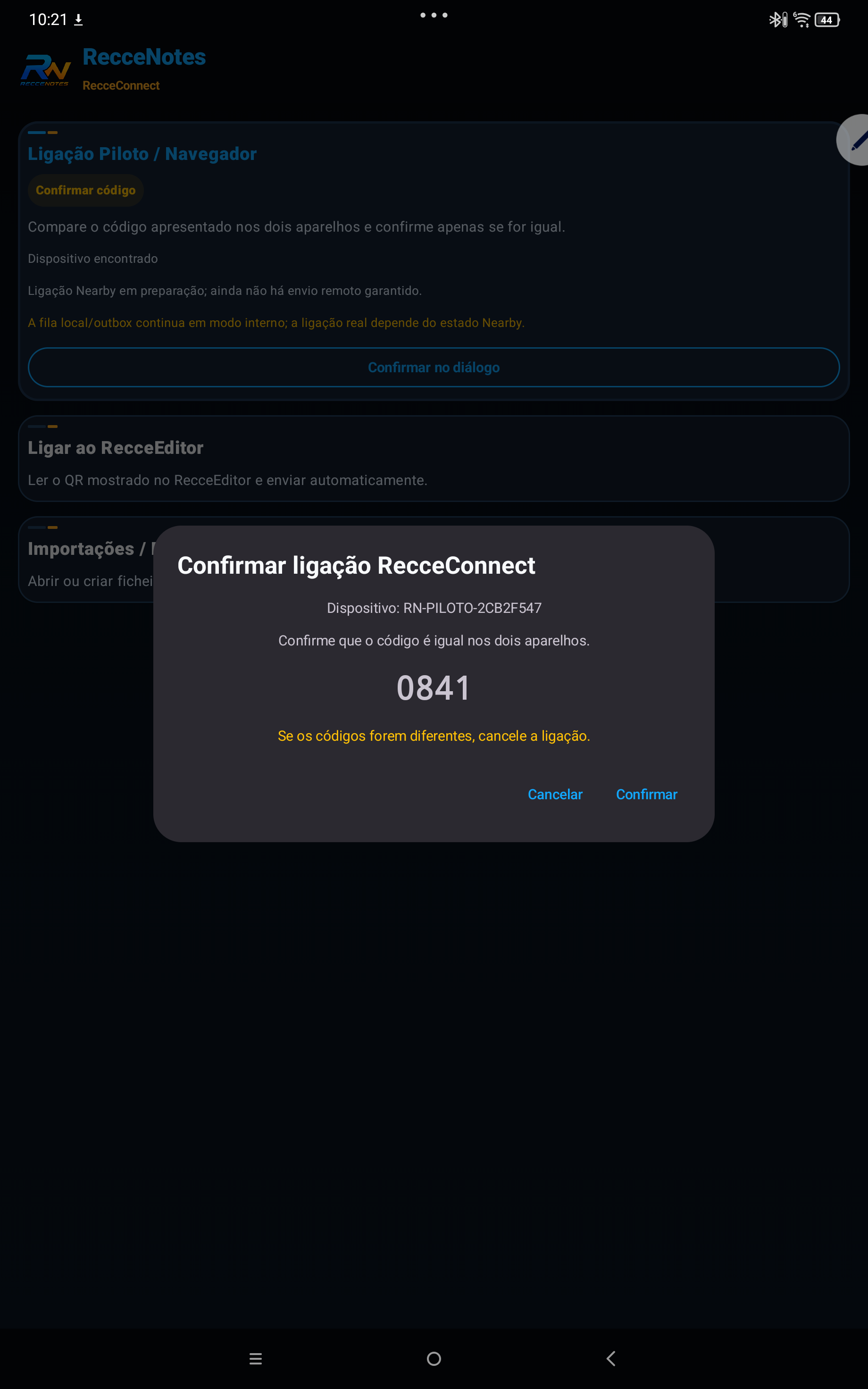 Tablet a confirmar a ligação RecceConnect