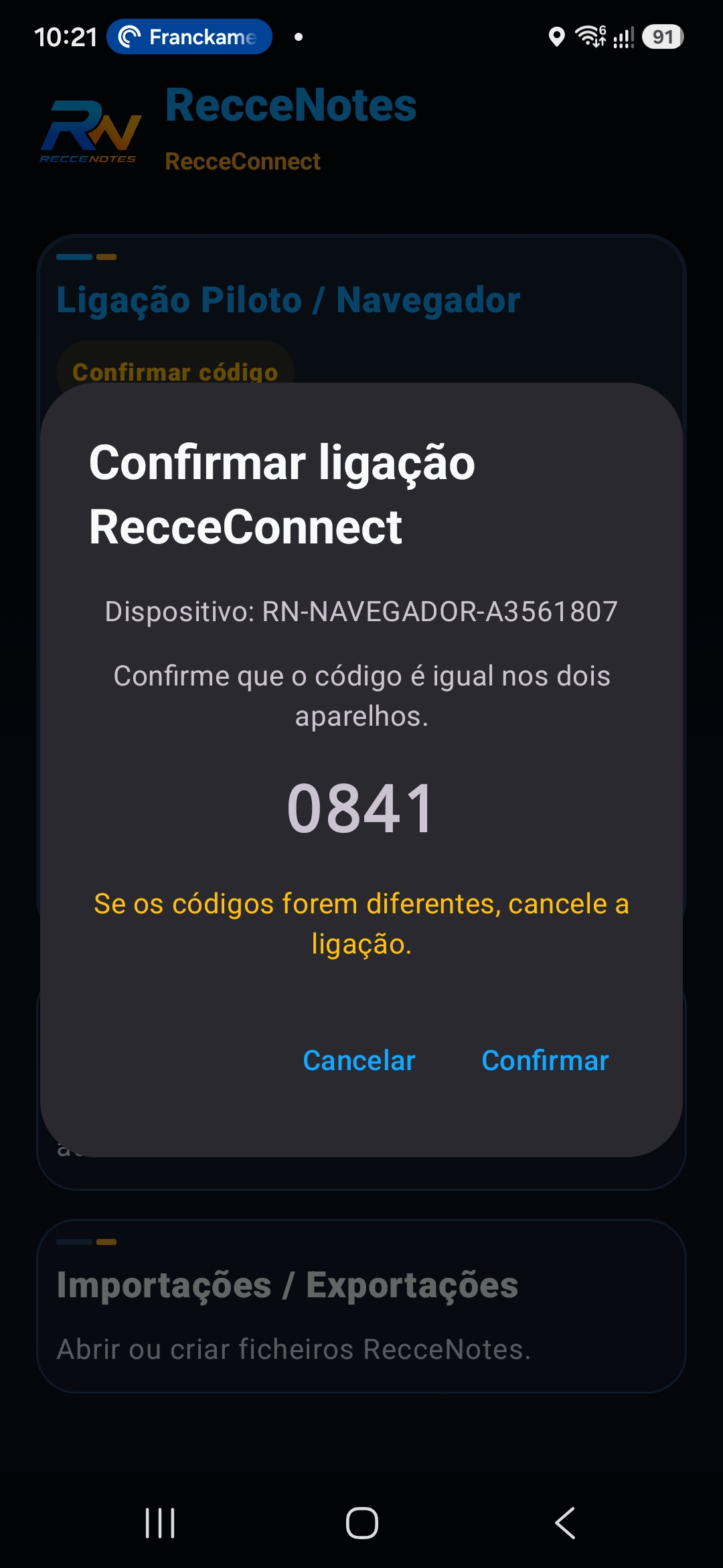 Telefone a confirmar a ligação RecceConnect