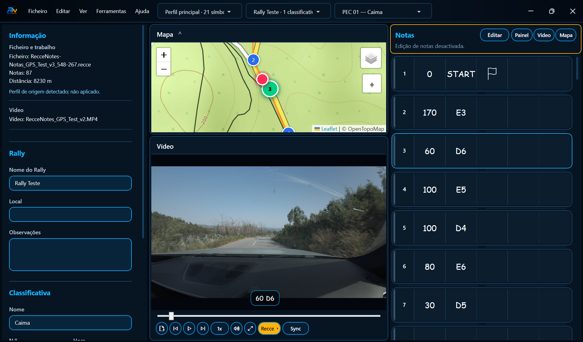 RecceEditor no Windows com vídeo, mapa e notas