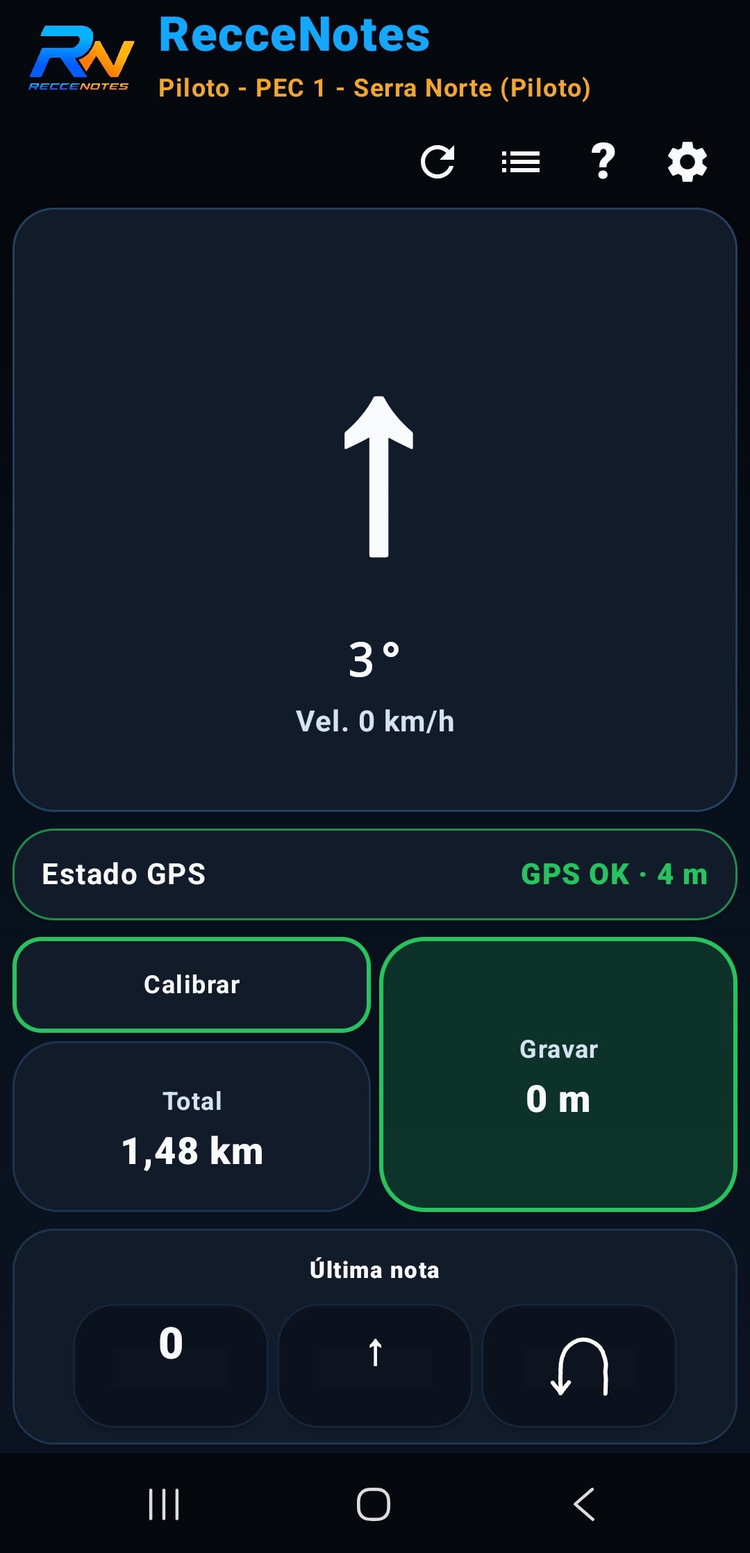 Telefone com RecceNotes em modo Piloto