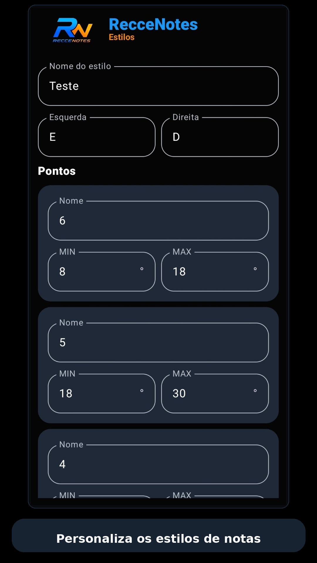 Estilos da RecceNotes — personaliza os estilos de notas